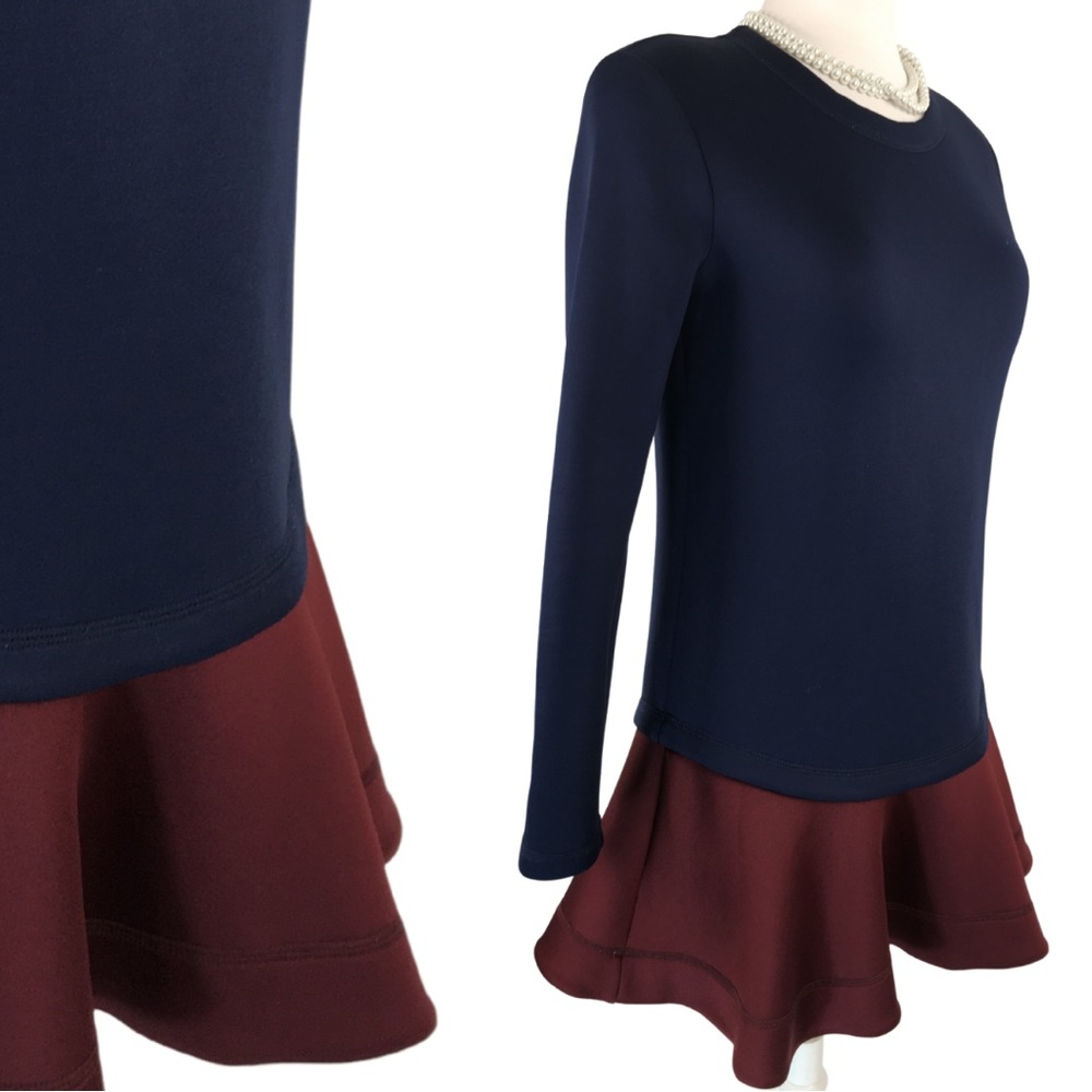 BCBGMaxazria Genesa Flounce Hem Navy Burgundy Color block Mini Dress size Small - Picture 4 of 15